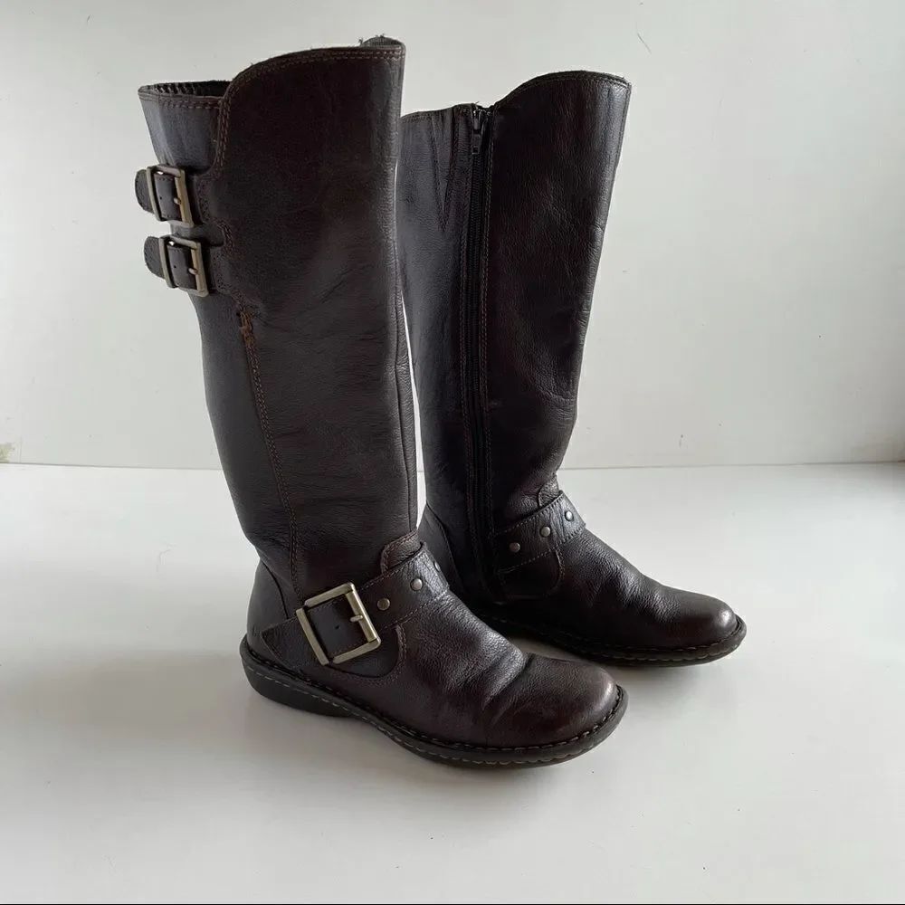 boc 6 Brown Leather Oliver Mid Calf Riding Full Zip Up Buckle Boots gold b.o.c.
